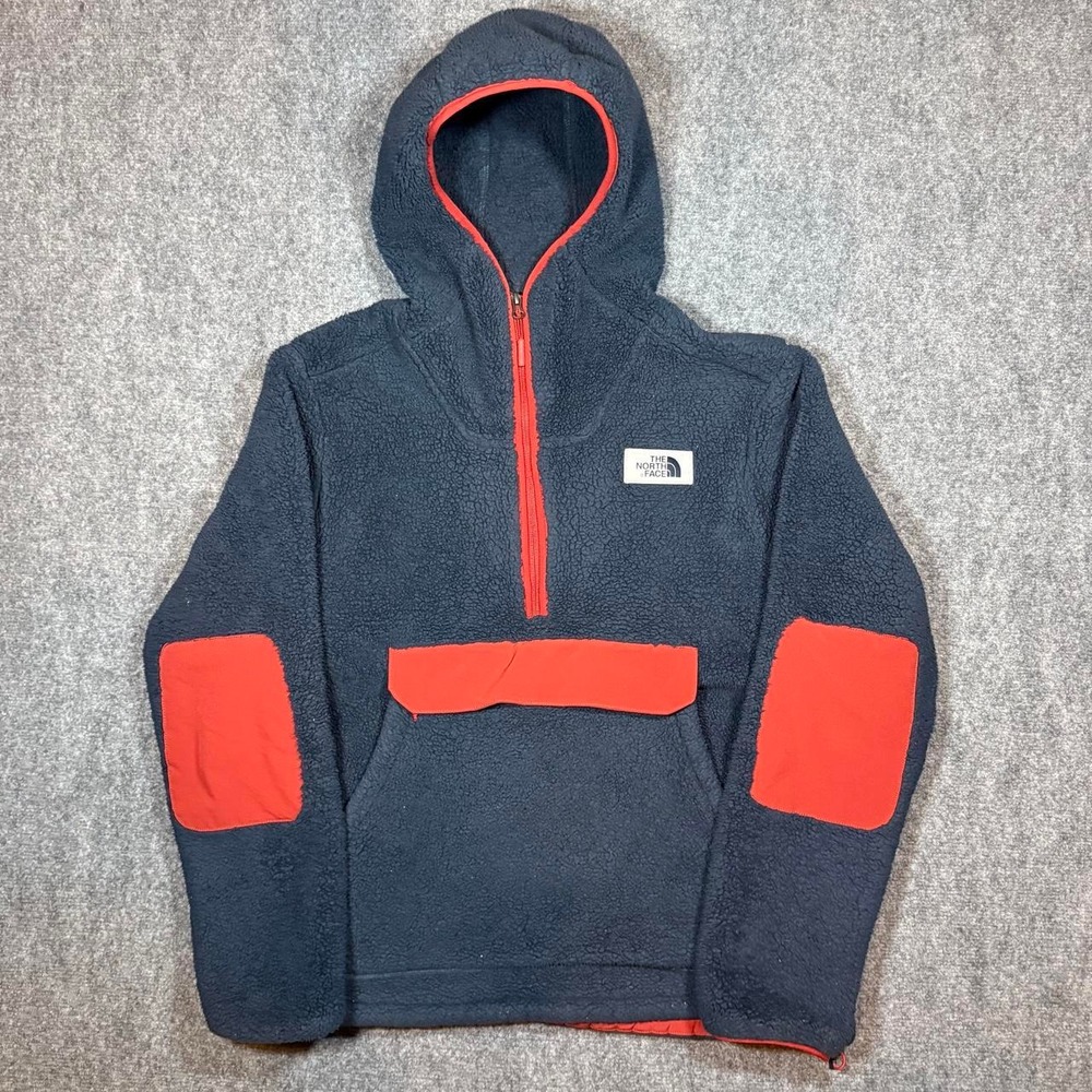 The North Face 1/4 Zip Fleece Hoodie Sherpa Pullover Navy Orange Mens Size M